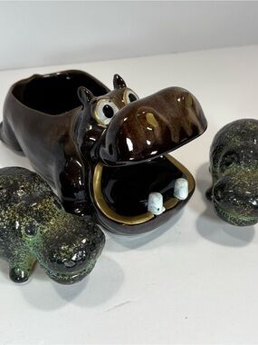 Ceramic Hippo Planter or Decorative Holder - Brown Glazed Hippo